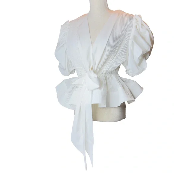 # A202 N by Nancy Modern Glam White Puff Sleeve Peplum Blouse NWT L - Picture 3 of 7